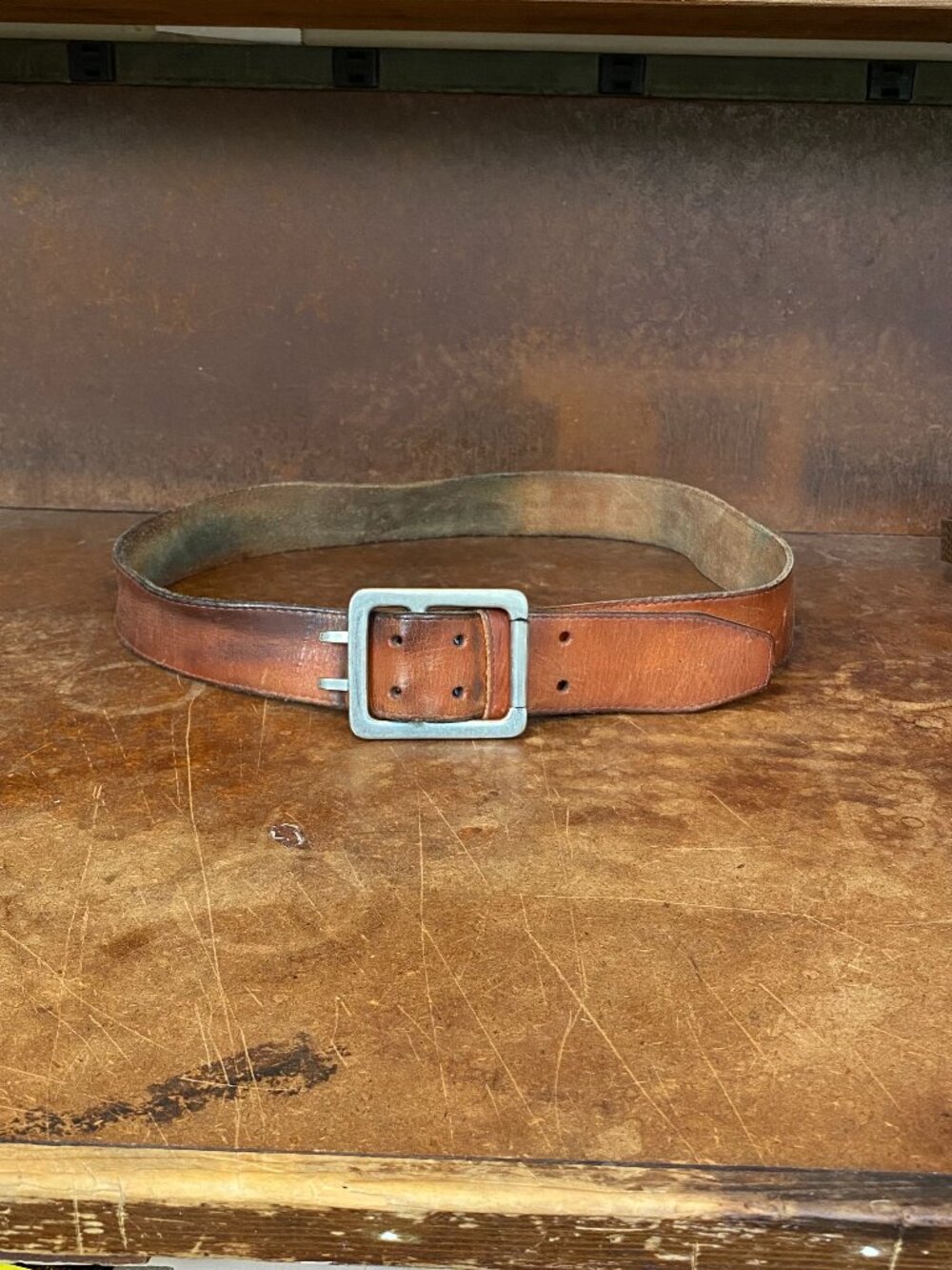 Vintage Patina Carhartt Double Prong Leather Belt 40 BROWN Brass Buckle
